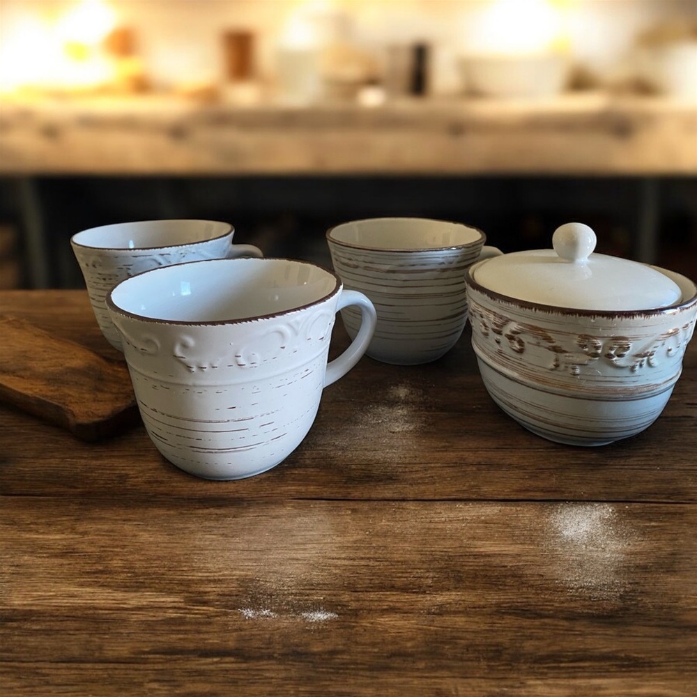 Pfaltzgraff 4 Piece Rustic Trellis White Stoneware 3 Mug and Sugar Bowl Set